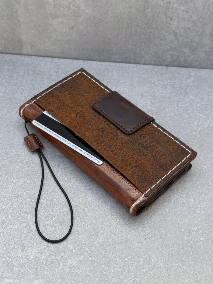 Vintage Style Leather iPhone Wallet Case: Handmade Book Cover with Card Slots