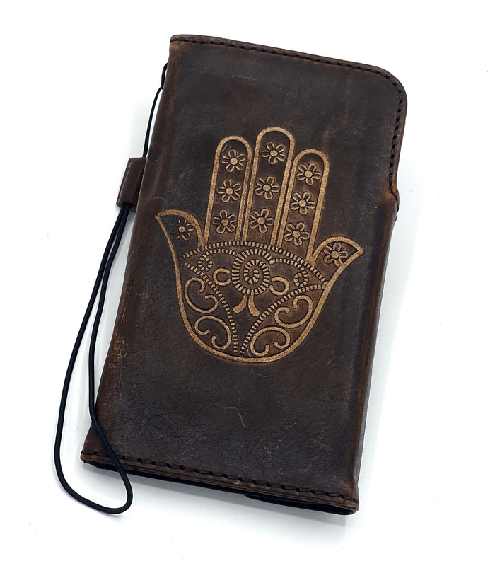Vintage Style Leather iPhone Wallet Case with Hamsa Design