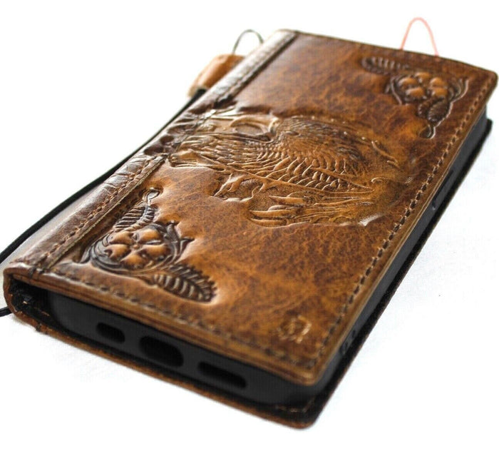 Vintage Tan Leather iPhone Wallet Case: Stamped Eagle Design