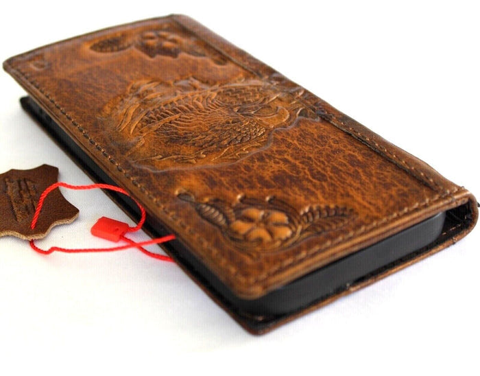 Vintage Tan Leather iPhone Wallet Case: Stamped Eagle Design