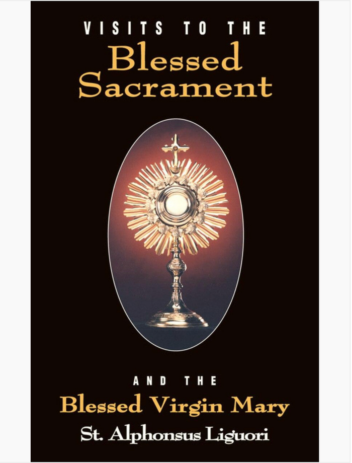 Book cover of 'Visits to the Blessed Sacrament and the Blessed Virgin Mary' by St. Alphonsus Liguori with a black background and central image of a religious icon.