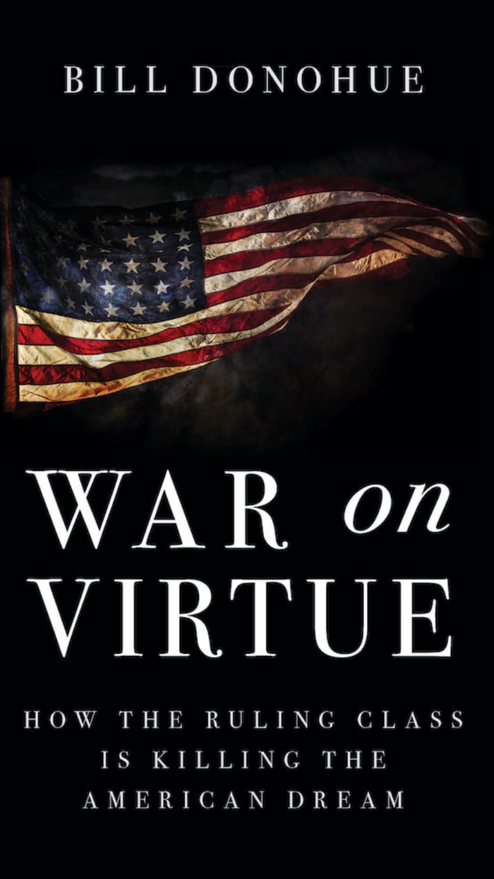 Book cover of 'War on Virtue' by Bill Donohue with American flag
