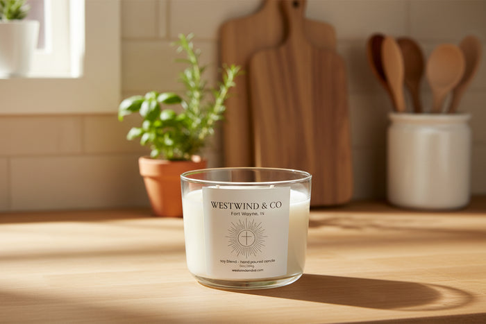 Candle with Westwind & Co label on a wooden surface with kitchen items in the background