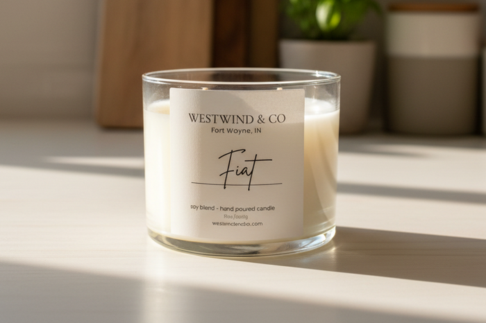 Westwind & Co candle with a label on a surface