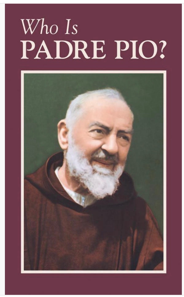 Book cover featuring a portrait of Padre Pio with text 'Who Is Padre Pio?' on a purple background.