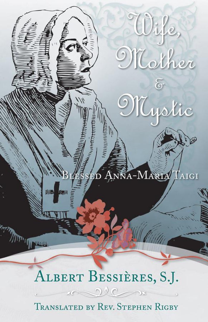 Book cover of 'Wife, Mother & Mystic' featuring a historical illustration of a woman with a bonnet and floral design.