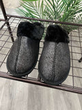 Womens's Faux Fur Lined Black Sparkle Slipper 'Juliet'