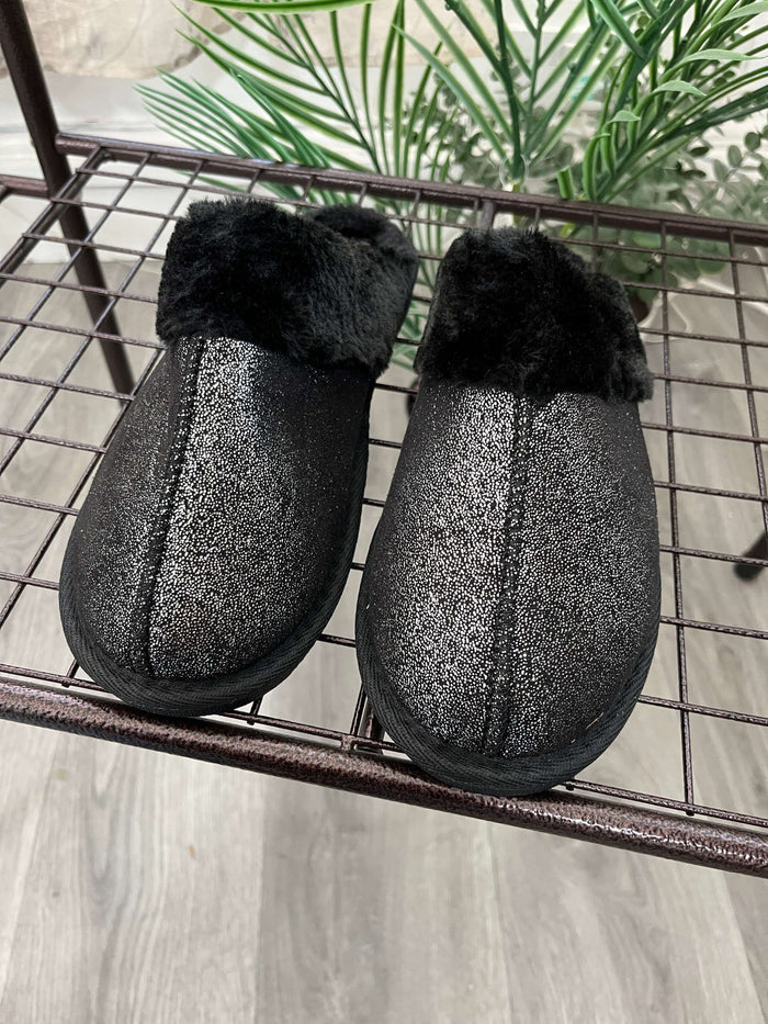 Womens's Faux Fur Lined Black Sparkle Slipper 'Juliet'