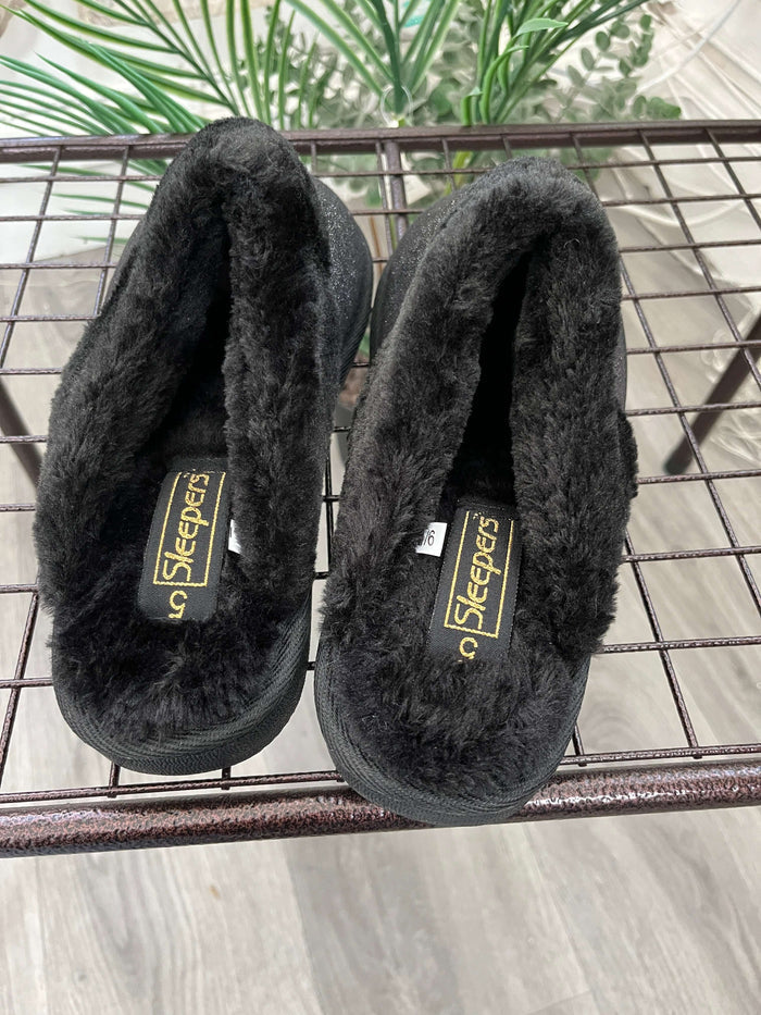 Womens's Faux Fur Lined Black Sparkle Slipper 'Juliet'