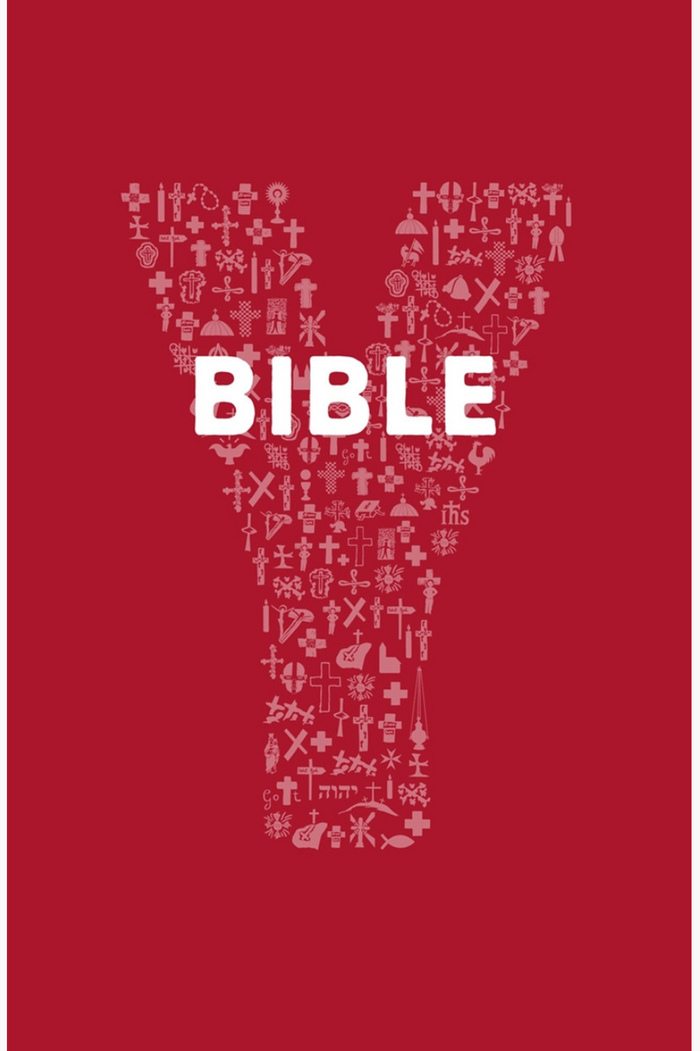 Red Bible cover with white text and symbols