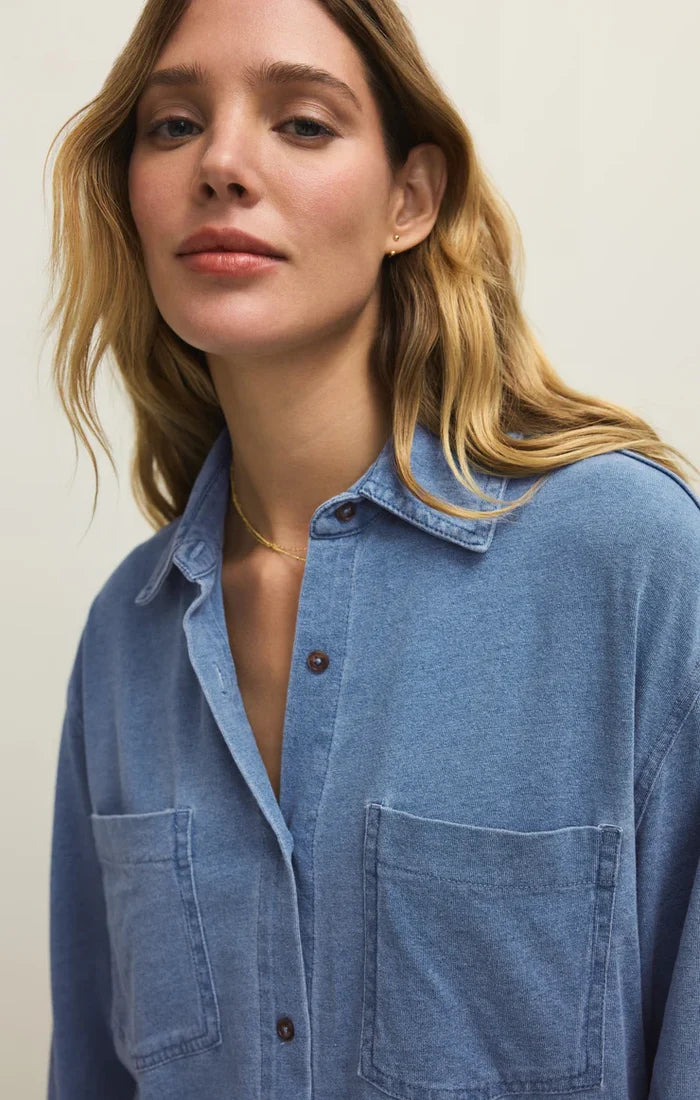 Z Supply Reese Button Down Jersey Denim Top